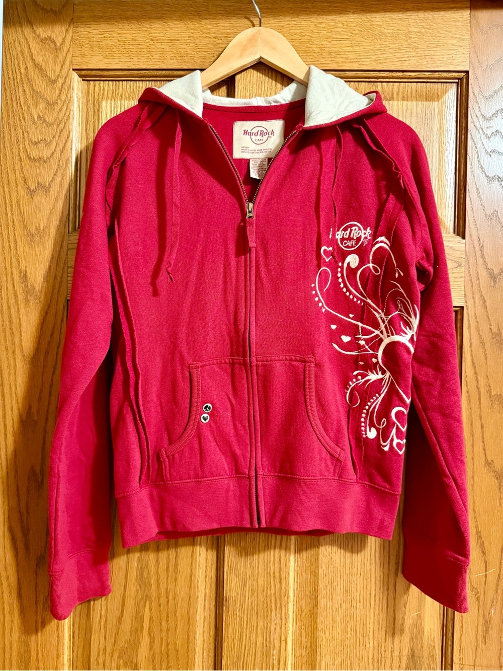 Hard Rock Cafe - Barcelona Women's Deep Red Zip Hoodie with Cream Hood & details